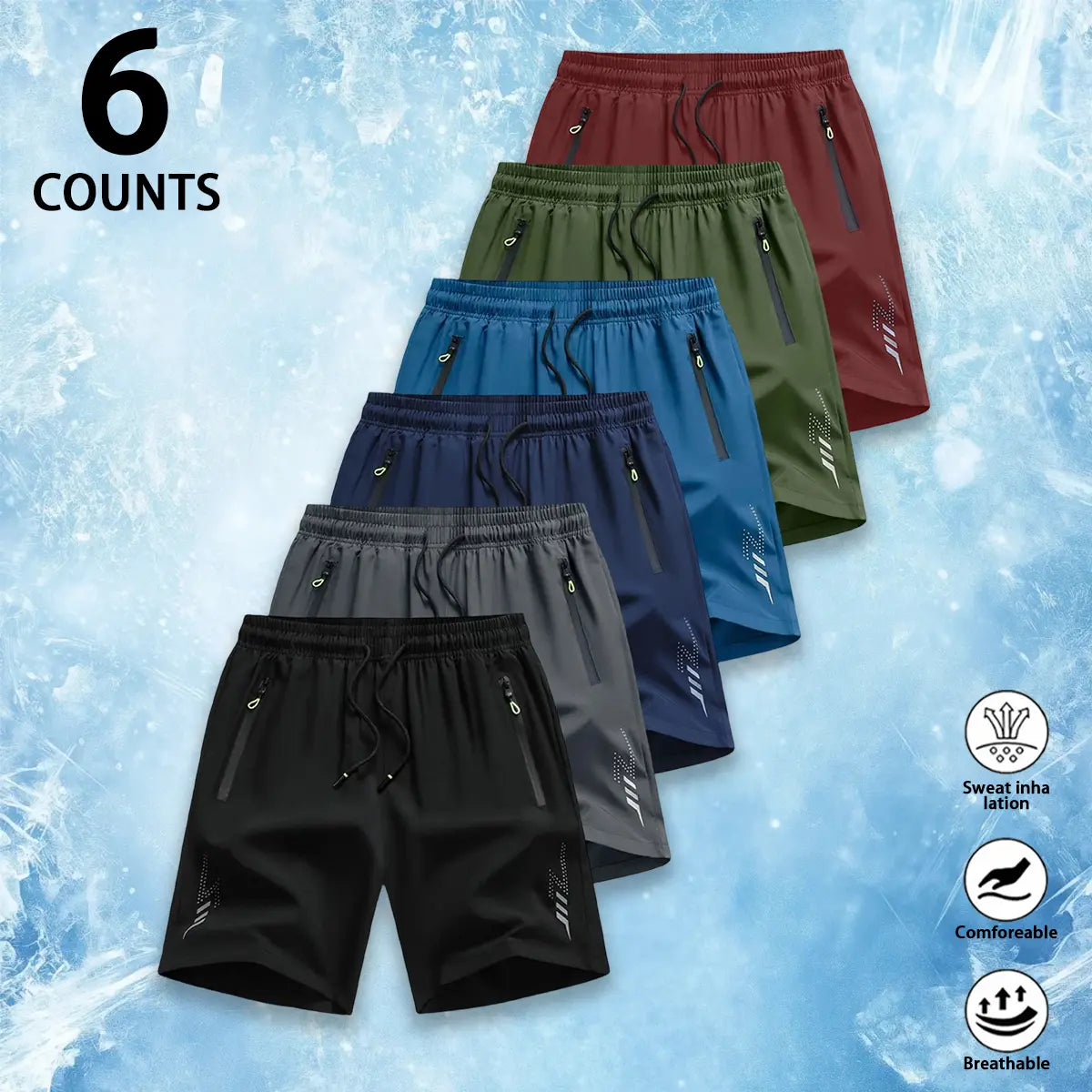 6 Counts Men'S Premium Ice Silk Quick Dry Athletic Shorts, Luxury Performance Cooling Drawstring Elastic Cure Zipper Pockets & Reflective Detail, Designer Loose Fit Breathable Lightweight Workout Shorts for Gym,Quick-Dry Elastic Athletic Shorts Set