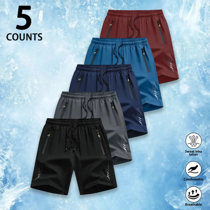 6 Counts Men'S Premium Ice Silk Quick Dry Athletic Shorts, Luxury Performance Cooling Drawstring Elastic Cure Zipper Pockets & Reflective Detail, Designer Loose Fit Breathable Lightweight Workout Shorts for Gym,Quick-Dry Elastic Athletic Shorts Set